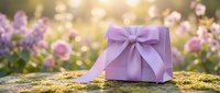 Lavender gift box with ribbon bow on moss-covered surface surrounded by blooming flowers and soft bokeh garden background, suitable for holiday, celebration, and greeting card designs.