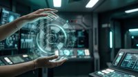 Hands holding digital holographic interface with circular technology display in modern control room environment for innovation and future tech concepts.