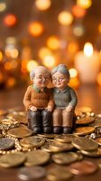 Elderly couple figurines sitting together surrounded by golden coins with warm bokeh lights background representing retirement savings and financial security.
