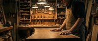 Skilled craftsman working with wood in traditional workshop with vintage tools and warm lighting creating handmade furniture pieces.