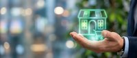 Businessman holding glowing green house hologram with cityscape background, representing real estate investment, property management, smart home technology, and sustainable housing solutions.