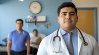 Hispanic male doctor with stethoscope in medical office, wearing white coat and tie. Healthcare professional portrait with nurse and patient in background hospital setting.