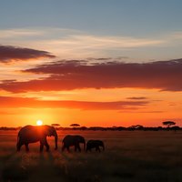 African elephant family silhouettes walking across savanna grassland during golden sunset with acacia trees and dramatic orange sky for wildlife photography.
