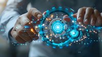 Digital transformation concept with businessman touching futuristic interface, glowing blue circular holograms and data visualization elements for business technology solutions.