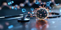 Glowing coronavirus cell structure with stethoscope on dark background, medical research concept visualization in blue and orange tones.