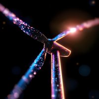 Futuristic wind turbine illuminated with colorful neon lights against dark background, representing renewable energy technology and sustainable power generation.