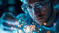 Young male scientist in protective glasses examining glowing particles with dramatic blue lighting and bokeh effects in research laboratory setting.