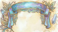 Ornate watercolor banner frame with teal ribbon, golden swirls, and floral leaves on aged parchment background for vintage design.