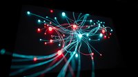Futuristic fiber optic cables with glowing red and blue lights creating dynamic network connections on dark background for technology concepts.