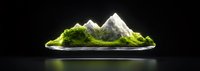 Miniature mountain landscape with snowy peaks and green moss on reflective surface against dark background, panoramic nature diorama art piece.
