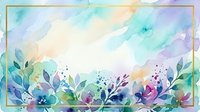 Watercolor floral border with soft pastel blooms, green foliage, and abstract washes in turquoise, purple, and gold tones on white background. Isolated design element for invitations, cards, and decorative projects.