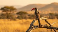 African hornbill bird perched on dead tree branch in savanna landscape during golden hour sunset with acacia trees and mountains in background.