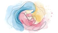Tender watercolor mother holding newborn baby in loving embrace with flowing hair and soft pastel colors for maternal care designs.