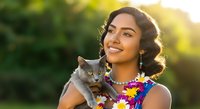 Young woman with medium skin tone and dark wavy hair holding a gray tabby cat outdoors during golden hour. Both subjects smiling at camera with vibrant floral necklace and green foliage background.