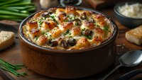 Savory bread pudding with herbs and cheese baked in rustic ceramic dish, comfort food casserole perfect for brunch menus and cozy dining experiences.