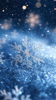 Macro shot of natural snowflake crystal on blue sparkling background with bokeh lights and falling snow. Winter seasonal backdrop for holiday designs.