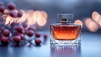 Elegant perfume bottle with amber liquid against blurred bokeh background and decorative red berries, luxury fragrance photography on reflective surface.