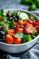 Fresh Mediterranean bowl with crispy bacon, cherry tomatoes, black olives, cucumber slices, and mixed greens garnished with sesame seeds and herbs.