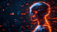 Futuristic artificial intelligence concept with glowing digital human head profile dissolving into particles against dark background with orange light effects.