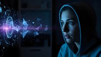 Young hooded hacker analyzing holographic data visualization in dark cyber security environment with glowing digital interface technology.