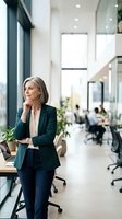 Mature woman professional in dark blazer standing thoughtfully by window in modern office corridor with colleagues working in background, suitable for corporate business and leadership concepts.