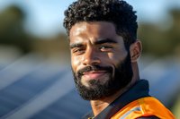 Young African American male worker smiling confidently at solar panel installation site, wearing orange safety vest, with full beard and natural hair in professional setting.