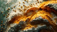 Abstract mineral formation with vibrant orange and rust colored layers creating natural geological patterns on textured stone surface for backgrounds.