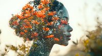 Double exposure silhouette of African American woman profile merged with blooming orange flowers and foliage creating dreamy artistic portrait.