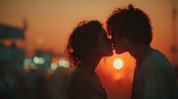 Young couple sharing intimate kiss at sunset with warm golden light and city skyline backdrop creating romantic atmosphere for love and relationship concepts.