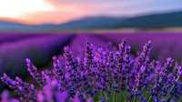 Vibrant purple lavender flowers in bloom against dramatic sunset sky and mountain silhouettes, creating serene natural landscape with aromatic herbs in soft evening light.