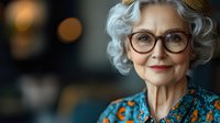 Elegant senior woman with silver curly hair and stylish glasses smiling warmly against blurred background. Natural lighting highlights her confident expression and teal patterned blouse.
