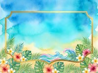 Watercolor tropical frame with golden border, palm leaves, monstera, hibiscus and daisy flowers, ocean waves and sky background. Isolated design element for invitations, cards and summer projects.