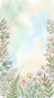 Soft watercolor floral border with pastel wildflowers, green leaves, ferns, and butterflies on a dreamy gradient background for cards or invitations.