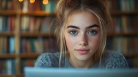 Young woman with blue eyes and freckles wearing gray sweater smiles softly while working on laptop in library. Blurred bookshelves and warm lights create cozy atmosphere.
