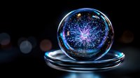 Glowing cosmic explosion captured in glass sphere on reflective surface with bokeh background, creating magical galaxy effect for mystical concept art.