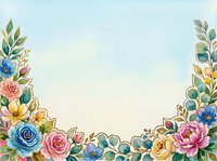 Watercolor floral border frame with colorful roses and wildflowers on soft blue background, perfect for greeting cards and invitations.
