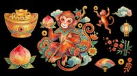 Monkey figurine with ornate red and gold decorative patterns, surrounded by traditional Asian design elements including lotus flower, gold coins, lanterns, and floral motifs. Isolated on transparent background, ready for t-shirt design, clipart, stickers, sublimation, and print-on-demand products.