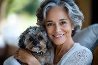 Mature woman with silver hair smiling while holding small Yorkshire terrier dog indoors. Concept of pet ownership, companionship and aging gracefully.