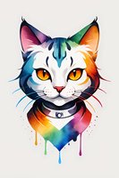Colorful cat face with rainbow bandana and collar, featuring vibrant gradient colors and dripping paint effect on white background, suitable for modern art prints.