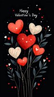 Romantic heart-shaped flowers with leaves on black background, Valentine's day greeting card design with red and cream hearts, floral love concept.