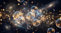 Floating transparent bubbles with golden bokeh lights creating magical atmosphere against dark cosmic background for luxury design projects.