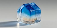 Blue translucent ice cube with gradient colors melting on white surface creating water droplets and reflections for beverage and cooling concepts.