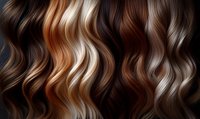 Luxurious wavy hair strands in multiple natural shades from platinum blonde to deep chocolate brown creating elegant flowing pattern. For beauty and fashion design.