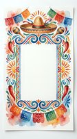 Mexican fiesta frame with sombrero, papel picado banners and maracas in vibrant watercolor style. Blank space for text or design elements.