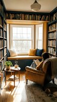 Cozy home library with built-in bookshelves, window seat with cushions, leather armchair and warm natural lighting for reading nook interior design.
