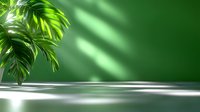 Tropical palm leaves casting dramatic shadows on green wall with reflective floor surface, creating minimalist modern interior scene with natural lighting effects.