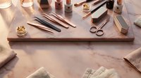 Professional leather crafting tools and materials arranged on wooden workspace for handmade goods production and artisan workshop projects.