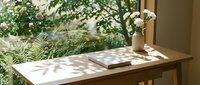 Peaceful reading corner with open book on wooden table near window with natural light and green plants creating cozy indoor atmosphere for relaxation.