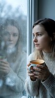 Young woman with long brown hair and fair complexion gazing pensively through rain-covered window while holding warm beverage in ceramic mug, wearing cozy knit sweater, contemplative mood on rainy day.