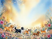 Watercolor dogs playing in a floral meadow with golden sky, featuring golden retriever, border collie, bulldog, dachshund and corgi breeds.